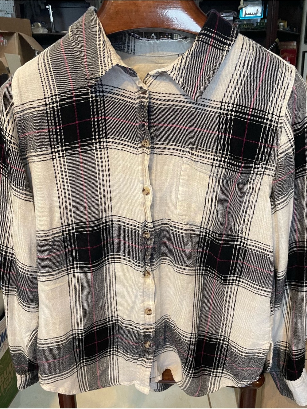 Lucky Brand Cream Plaid Shirt with Black and Pink Stripes